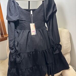 Black Smocked Bodice Tiered Long Sleeve Dress! Brand New!